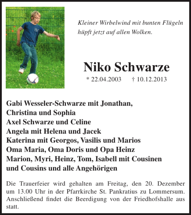  Traueranzeige für Niko Schwarze vom 18.12.2013 aus WochenSpiegel