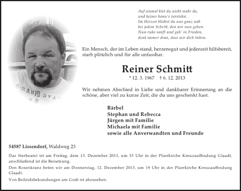  Traueranzeige für Reiner Schmitt vom 11.12.2013 aus WochenSpiegel