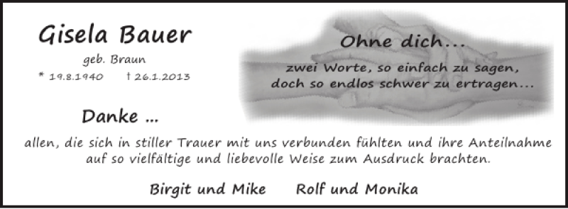  Traueranzeige für Gisela Bauer vom 27.02.2013 aus WochenSpiegel