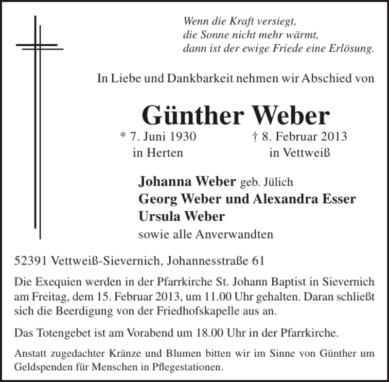  Traueranzeige für Günther Weber vom 13.02.2013 aus WochenSpiegel