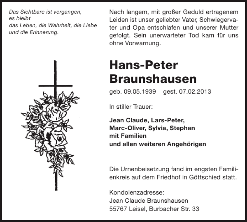  Traueranzeige für Hans-Peter Braunshausen vom 20.02.2013 aus WochenSpiegel