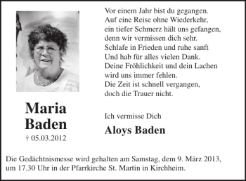 Traueranzeige von Maria Baden von WochenSpiegel