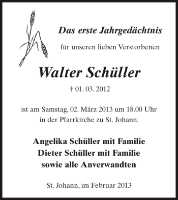 Traueranzeige von Walter Schüller von WochenSpiegel