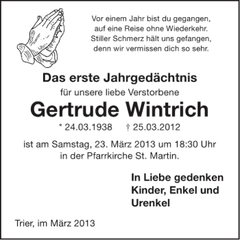 Traueranzeige von Gertrude Wintrich von WochenSpiegel