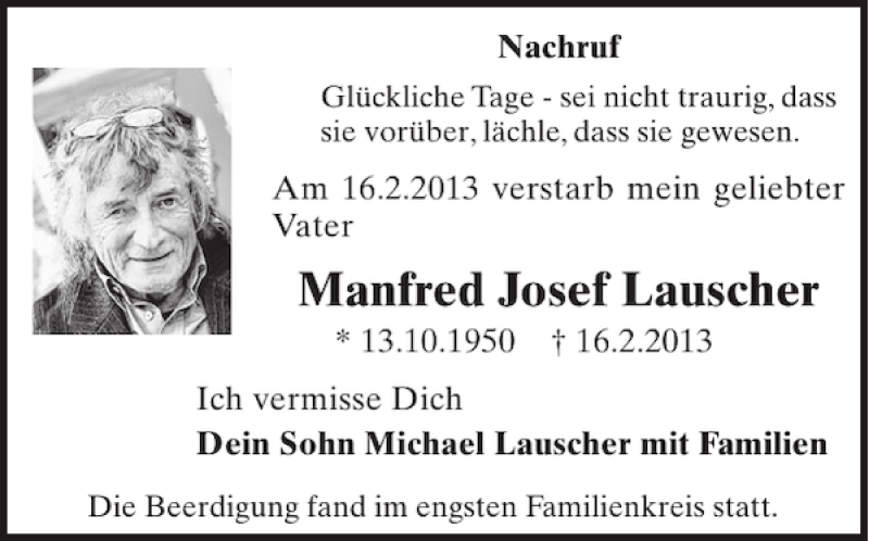  Traueranzeige für Manfred Josef Lauscher vom 06.03.2013 aus WochenSpiegel