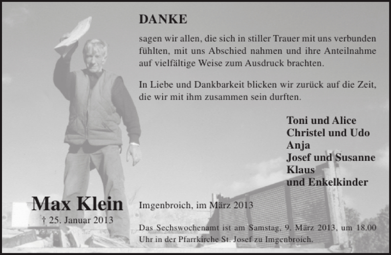  Traueranzeige für Max Klein vom 06.03.2013 aus WochenSpiegel