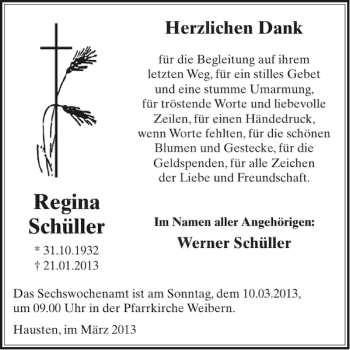 Traueranzeige von Regina Schüller von WochenSpiegel