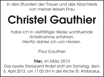 Traueranzeige von Christel Gauthier von WochenSpiegel