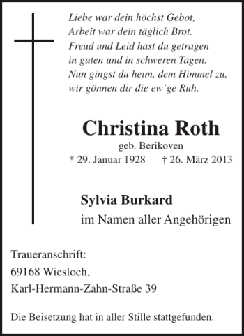 Traueranzeige von Christina Roth von WochenSpiegel