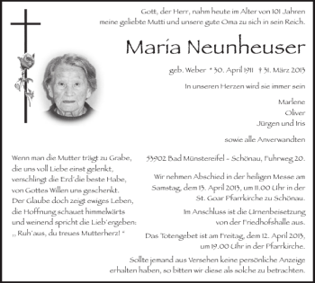 Traueranzeige von Maria Neunheuser von WochenSpiegel