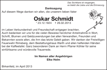 Traueranzeige von Oskar Schmidt von WochenSpiegel