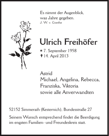 Traueranzeige von Ulrich Freihöfer von WochenSpiegel