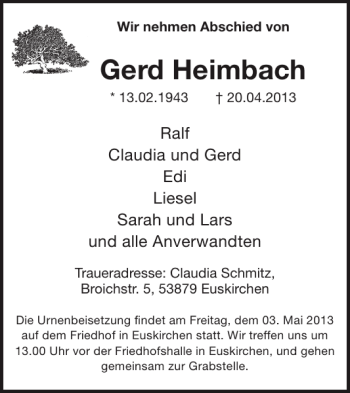 Traueranzeige von Gerd Heimbach von WochenSpiegel