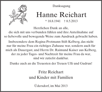 Traueranzeige von Hanne Reichart von WochenSpiegel