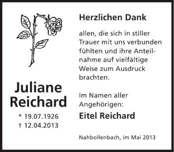 Traueranzeige von Juliane Reichard von WochenSpiegel