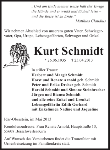 Traueranzeige von Kurt Schmidt von WochenSpiegel