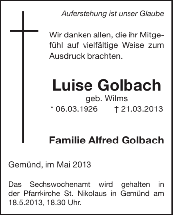 Traueranzeige von Luise Golbach von WochenSpiegel