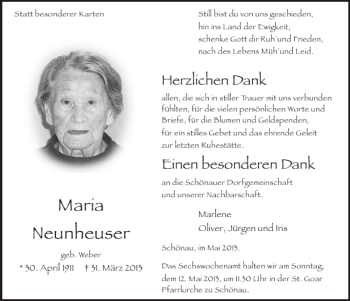 Traueranzeige von Maria Neunheuser von WochenSpiegel