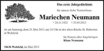 Traueranzeige von Mariechen Neumann von WochenSpiegel