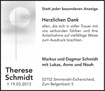 Traueranzeige von Therese Schmidt von WochenSpiegel