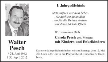 Traueranzeige von Walter Pesch von WochenSpiegel