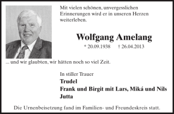 Traueranzeige von Wolfgang Amelang von WochenSpiegel