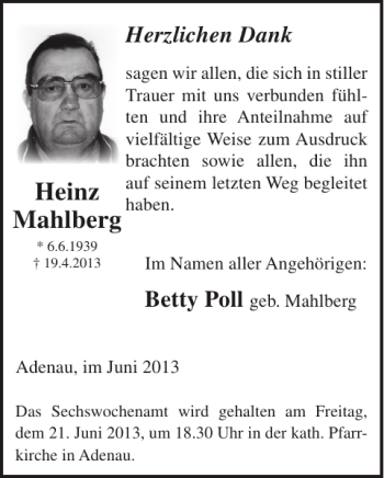 Traueranzeige von Heinz Mahlberg von WochenSpiegel