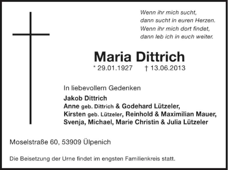  Traueranzeige für Maria Dittrich vom 26.06.2013 aus WochenSpiegel