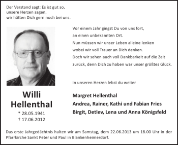 Traueranzeige von Willi Hellenthal von WochenSpiegel