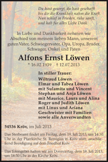 Traueranzeige von Alfons Ernst Löwen von WochenSpiegel