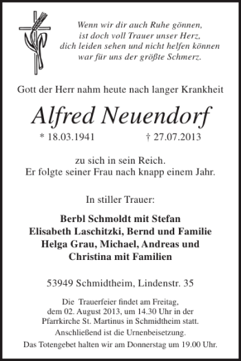 Traueranzeige von Alfred Neuendorf von WochenSpiegel