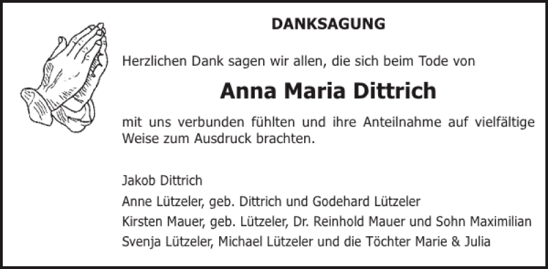  Traueranzeige für Anna Maria Dittrich vom 17.07.2013 aus WochenSpiegel