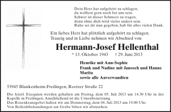 Traueranzeige von Hermann-Josef Hellenthal von WochenSpiegel