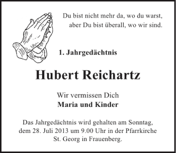 Traueranzeige von Hubert Reichartz von WochenSpiegel