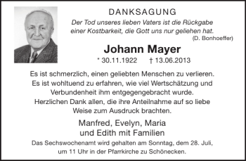 Traueranzeige von Johann Mayer von WochenSpiegel