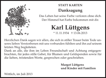 Traueranzeige von Karl Lüttgens von WochenSpiegel