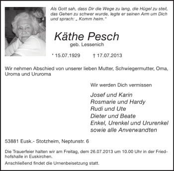 Traueranzeige von Käthe Pesch von WochenSpiegel