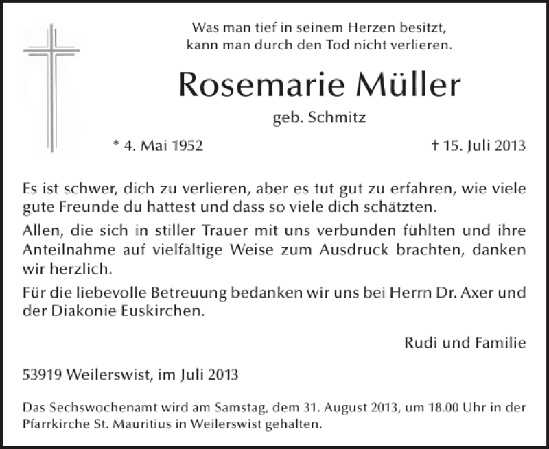  Traueranzeige für Rosemarie Müller vom 31.07.2013 aus WochenSpiegel