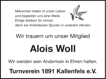 Traueranzeige von Alois Woll von Wochenspiegel