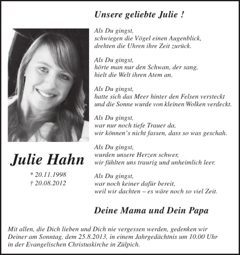  Traueranzeige für Julie Hahn vom 21.08.2013 aus WochenSpiegel