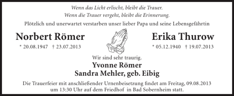  Traueranzeige für Norbert Römer Erika Thurow vom 07.08.2013 aus WochenSpiegel