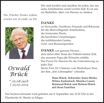 Traueranzeige von Oswald Brück von WochenSpiegel