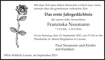 Traueranzeige von Franziska Neumann von WochenSpiegel