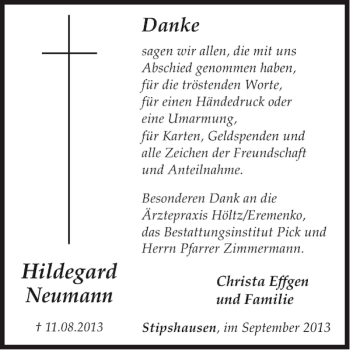 Traueranzeige von Hildegard Neumann von WochenSpiegel