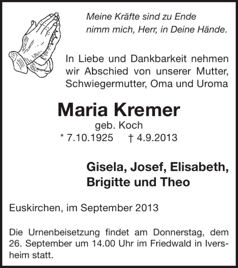  Traueranzeige für Maria Kremer vom 25.09.2013 aus WochenSpiegel