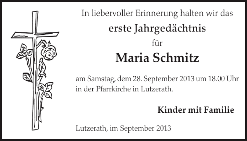  Traueranzeige für Maria Schmitz vom 18.09.2013 aus WochenSpiegel