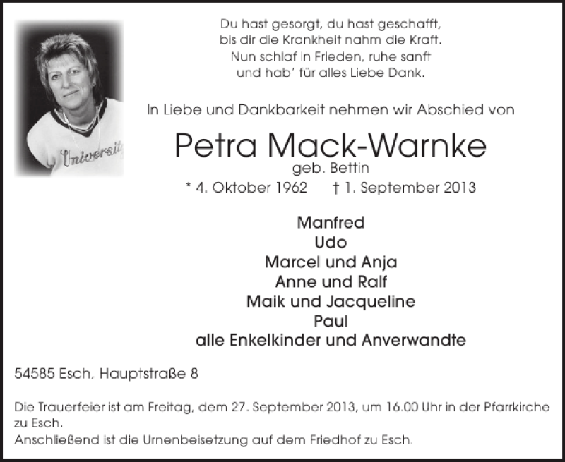  Traueranzeige für Petra Mack-Warnke vom 18.09.2013 aus WochenSpiegel