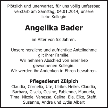 Traueranzeige von Angelika Bader von WochenSpiegel