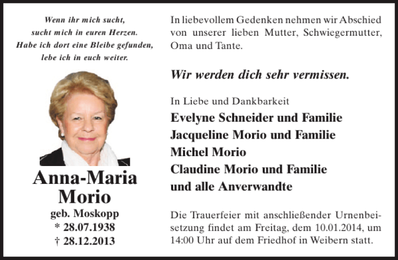  Traueranzeige für Anna-Maria Morio vom 08.01.2014 aus WochenSpiegel