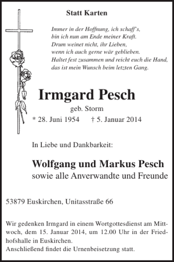 Traueranzeige von Irmgard Pesch von WochenSpiegel